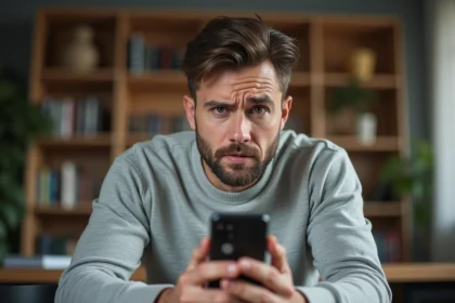Homme frustré regardant son smartphone affichant une erreur d'appel, numéro portable injoignable