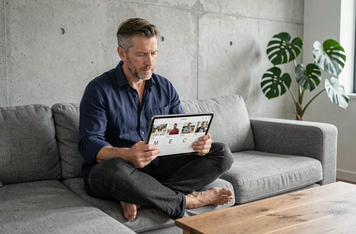 Homme adulte jouant à 4 images 1 mot sur tablette dans un salon moderne avec plante verte en arrière-plan