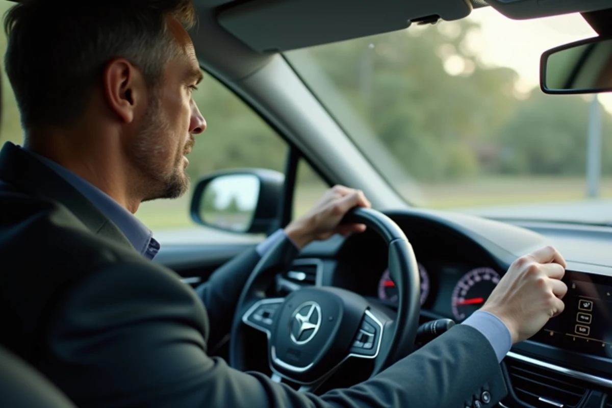 Homme concentré sur le tableau de bord de la voiture