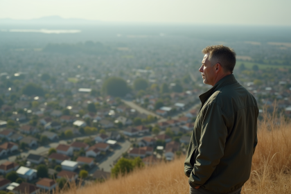 Homme d'âge moyen regardant la banlieue en expansion