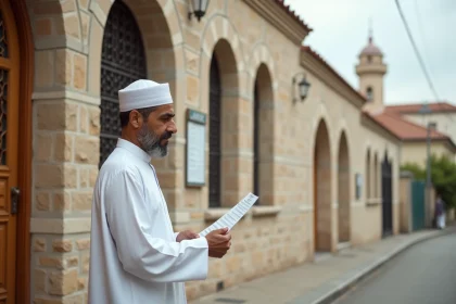Homme devant la mosquée de Vénissieux consultant les horaires de prière affichés à l'entrée