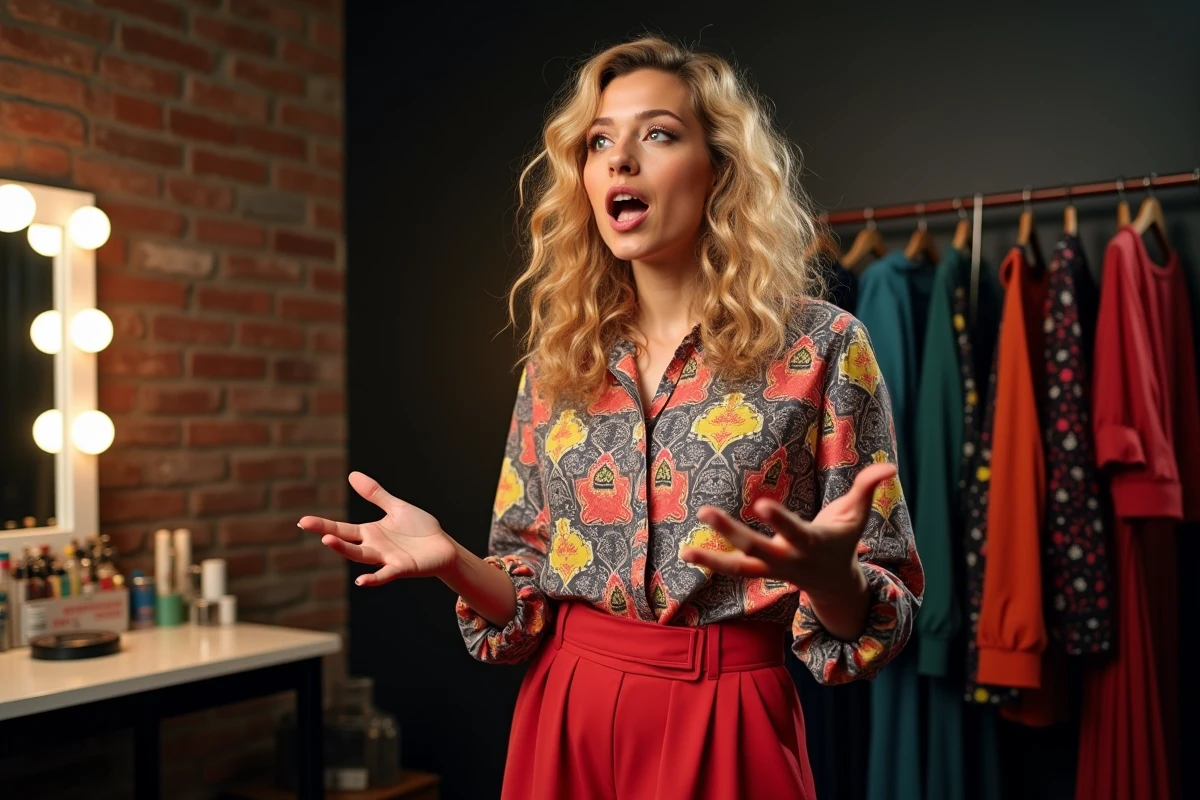 Humoriste française blonde expressive en interview backstage après un spectacle, gestes animés dans les coulisses d'un théâtre