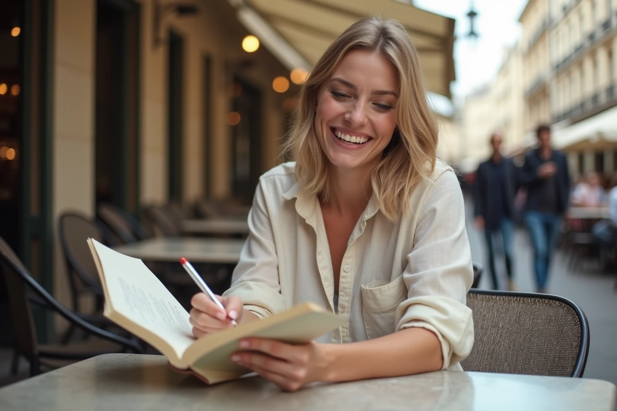 Humoriste française blonde prenant des notes dans un café parisien, sourire naturel et atmosphère créative détendue