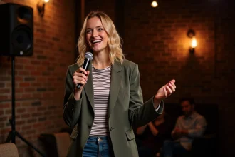 Jeune humoriste française blonde sur scène dans un comedy club parisien, microphone en main, expression vive et assurée