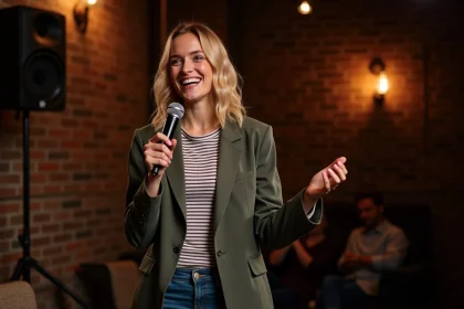 Jeune humoriste française blonde sur scène dans un comedy club parisien, microphone en main, expression vive et assurée