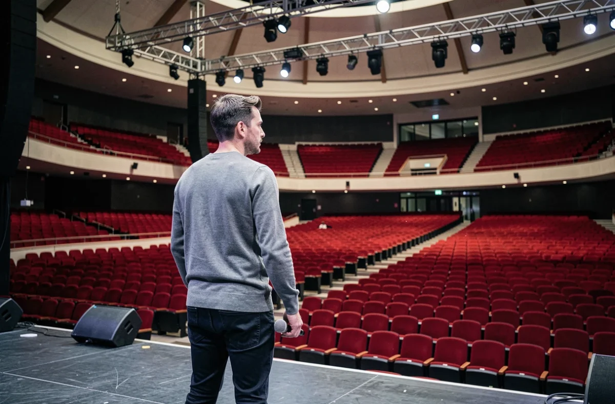 Humoriste contemplant la grande salle du Zénith vide avant son grand concert, aboutissement d'un parcours accompagné par malice-prod.fr