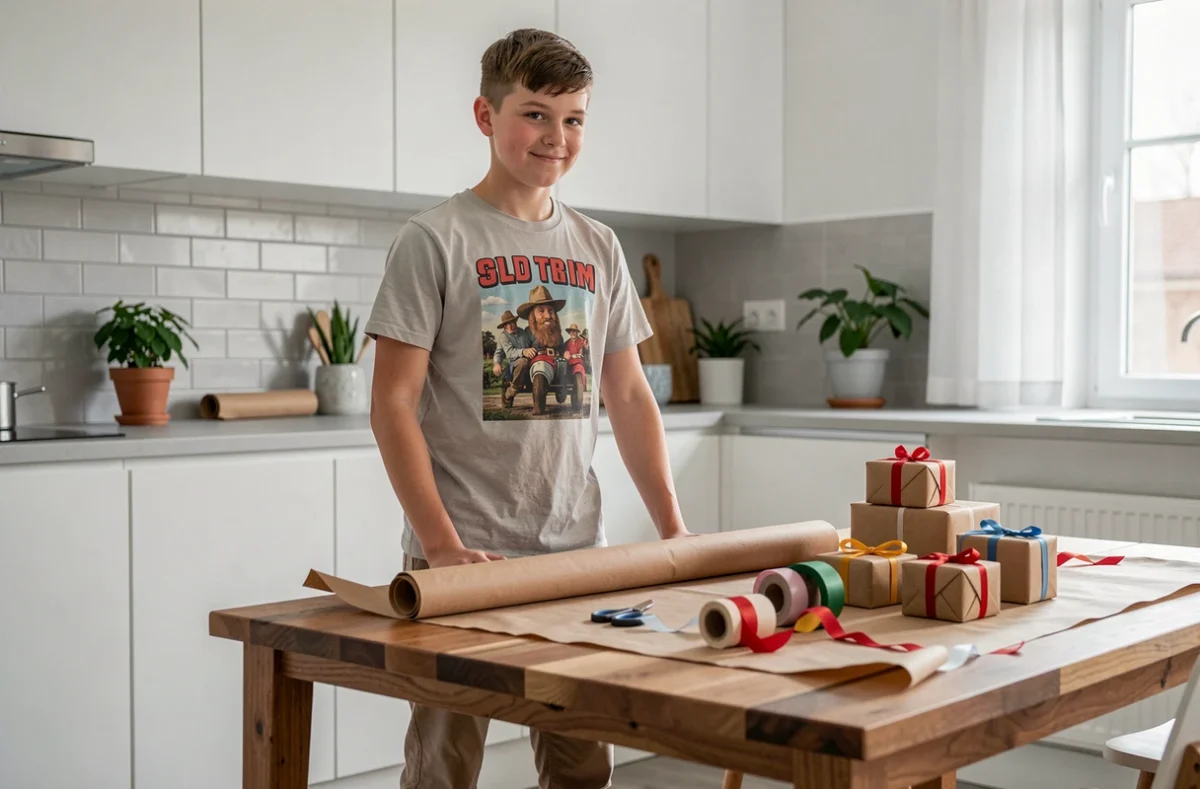 Jeune adolescent de 16 ans devant une table avec des cadeaux emballés et des accessoires de décoration