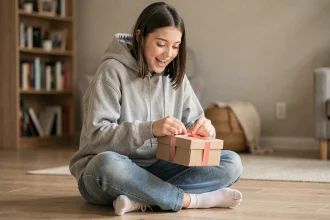 Adolescente de 16 ans qui déballe un cadeau avec une expression de surprise authentique dans un salon cosy