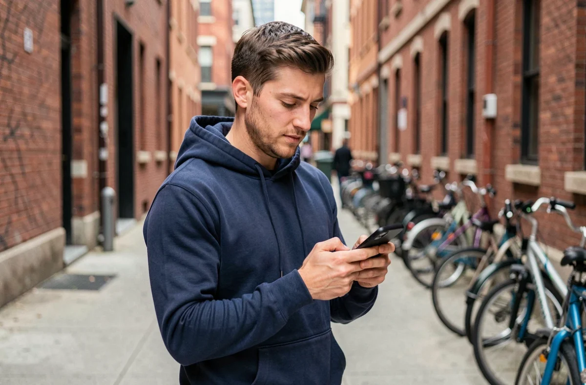 Homme consultant son téléphone en pleine rue pour identifier une personne à partir d'une photo