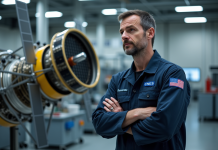 Agence spatiale française : quel est son équivalent de la NASA ? Ingénieur spatial français avec satellite dans un centre hightech