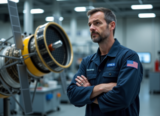 Agence spatiale française : quel est son équivalent de la NASA ? Ingénieur spatial français avec satellite dans un centre hightech