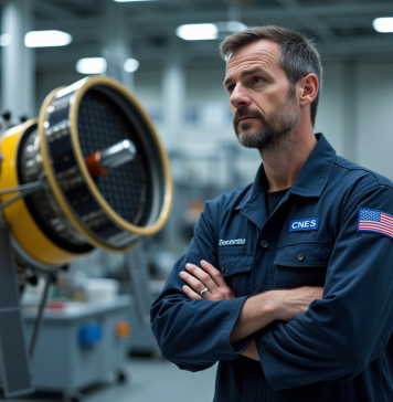 Agence spatiale française : quel est son équivalent de la NASA ? Ingénieur spatial français avec satellite dans un centre hightech