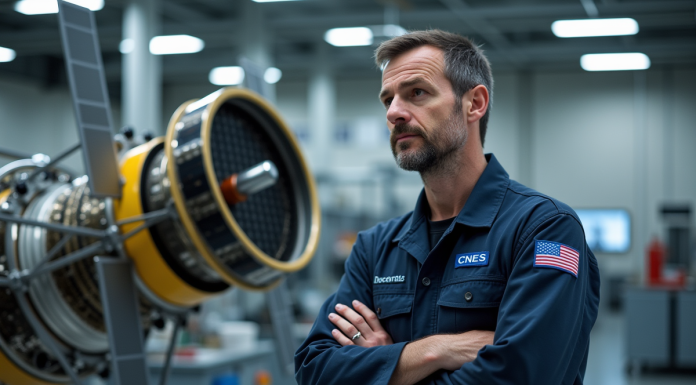 Ingénieur spatial français avec satellite dans un centre hightech