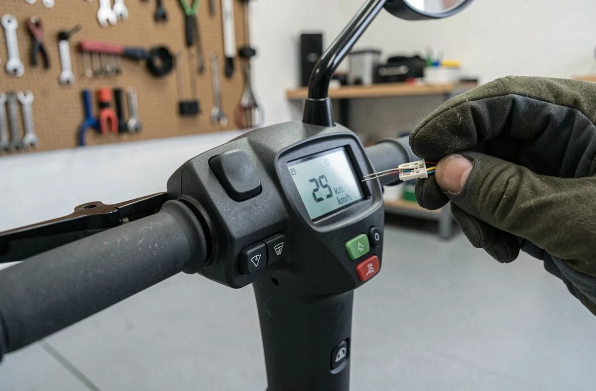 Gros plan sur le tableau de bord et le connecteur d'une trottinette électrique en cours d'inspection dans un garage