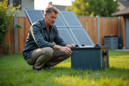 Homme moyenâgeux examine une batterie solaire dans un jardin