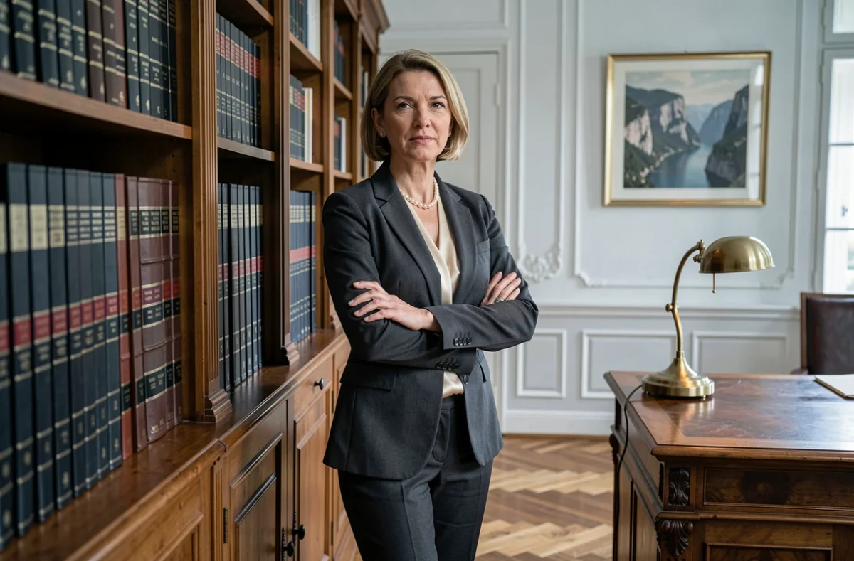 L'avocate Isabelle Second debout devant une bibliothèque juridique dans un cabinet classique provençal