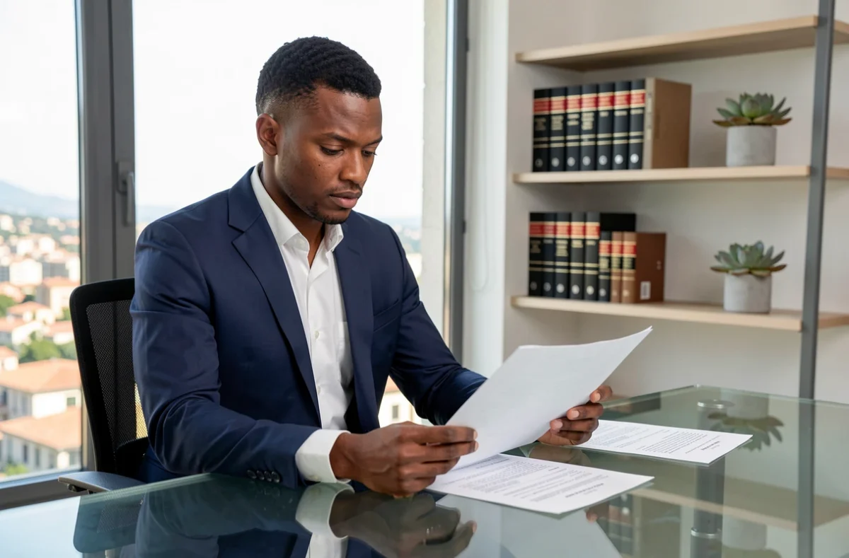 L'avocat Jean-Didier Kissambou-Mbamby à son bureau moderne dans un cabinet contemporain de Manosque