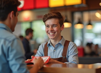 Jeune adulte payant chez Burger King avec chèques vacances