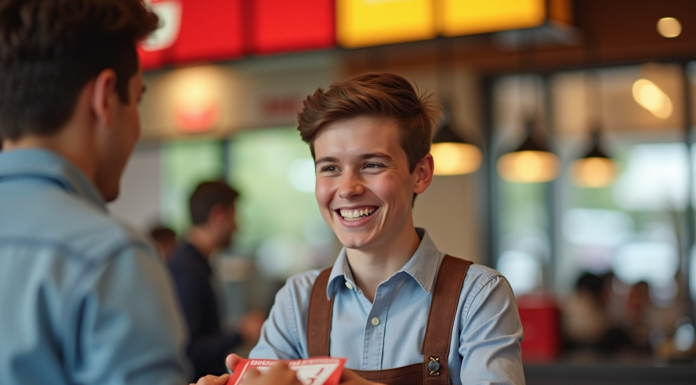 Jeune adulte payant chez Burger King avec chèques vacances