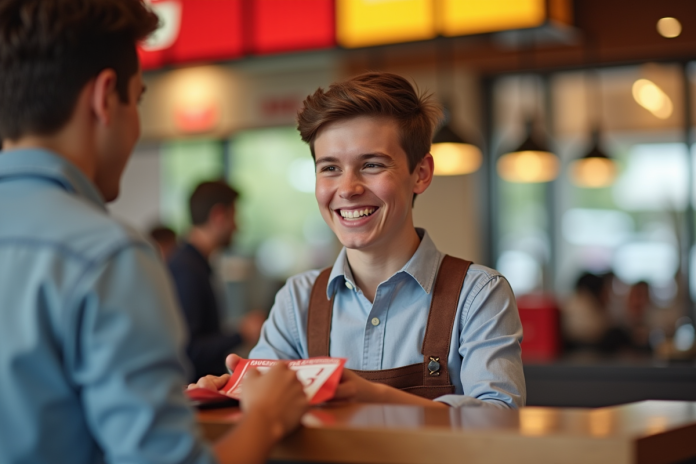 Jeune adulte payant chez Burger King avec chèques vacances