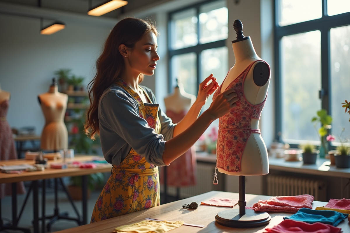 Jeune créateur ajustant une tenue sur un mannequin lumineux