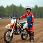 Jeune garçon de motocross souriant près de sa moto