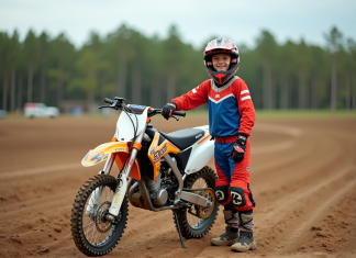 Jeune garçon de motocross souriant près de sa moto