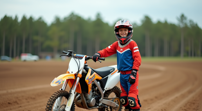Jeune garçon de motocross souriant près de sa moto