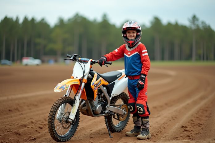 jeune-cycliste-motocross Jeune garçon de motocross souriant près de sa moto