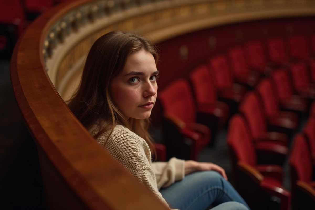Jeune femme regardant le th&eacute;&acirc;tre Mogador en balcon