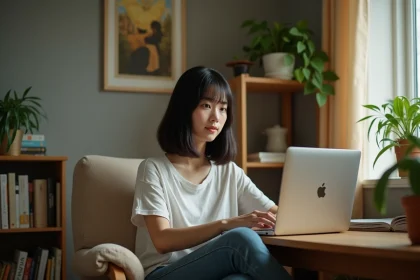 Jeune femme au bureau regardant des sites de manhwa