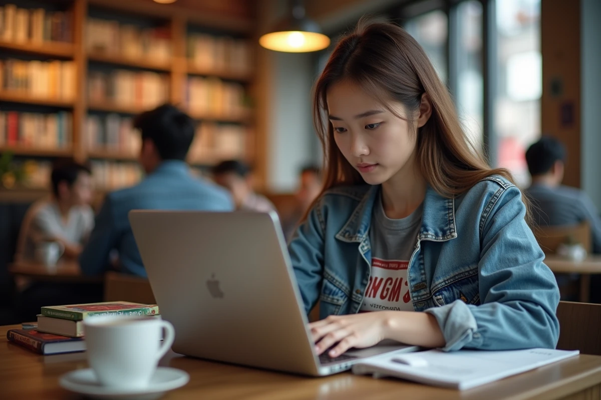 Jeune femme lisant manga sur ordinateur dans un café