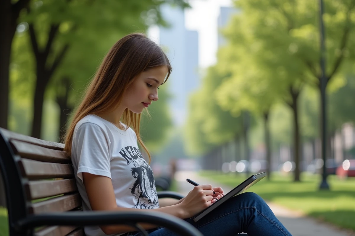 Jeune femme dessinant dans un parc avec une tablette et stylus