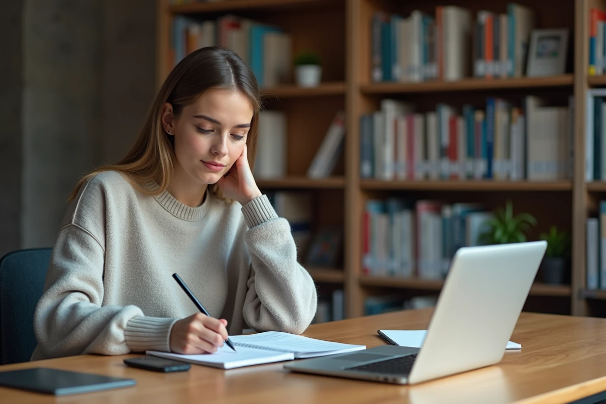 Jeune femme étudie à la bibliothèque universitaire