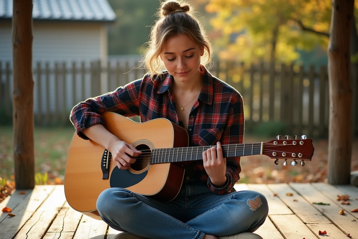 Jeune femme jouant de la guitare acoustique sur une terrasse ext&eacute;rieure