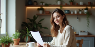 Logement PLS : définition et avantages de la location à prix libre Jeune femme lisant des documents dans un salon chaleureux