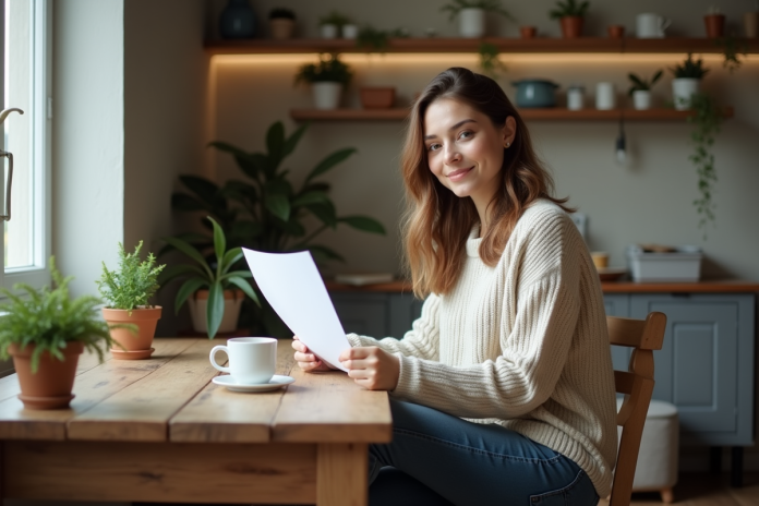 jeune-femme-lecture-living-room Jeune femme lisant des documents dans un salon chaleureux