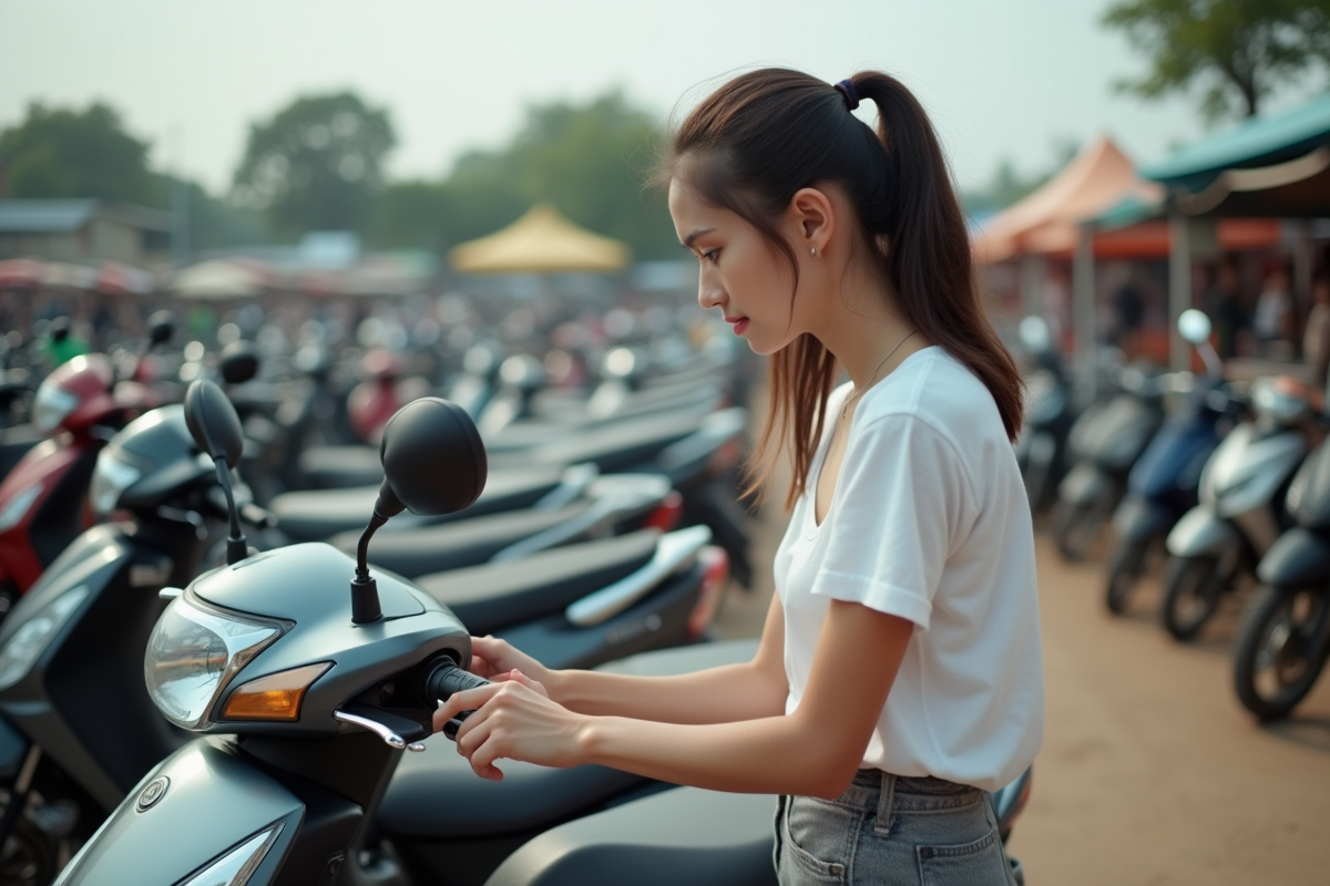 Jeune femme examinant une moto 50 cc lors d