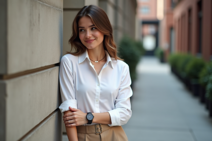Jeune femme élégante ajustant sa montre dans une rue urbaine