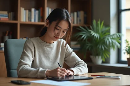 Jeune femme professionnelle dessinant sur une tablette dans un bureau moderne
