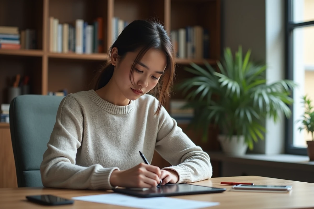 Jeune femme professionnelle dessinant sur une tablette dans un bureau moderne