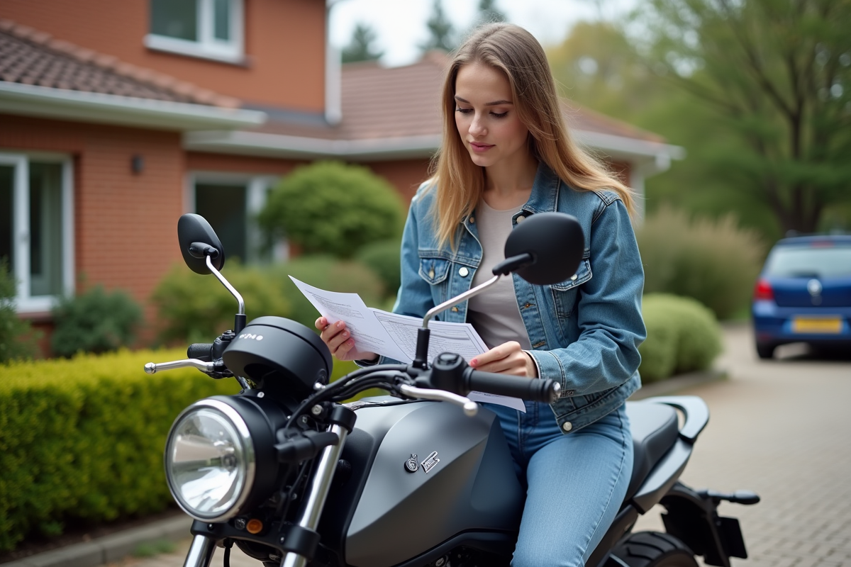 Jeune femme examinant une moto 125cc avec étiquettes de prix dans la cour