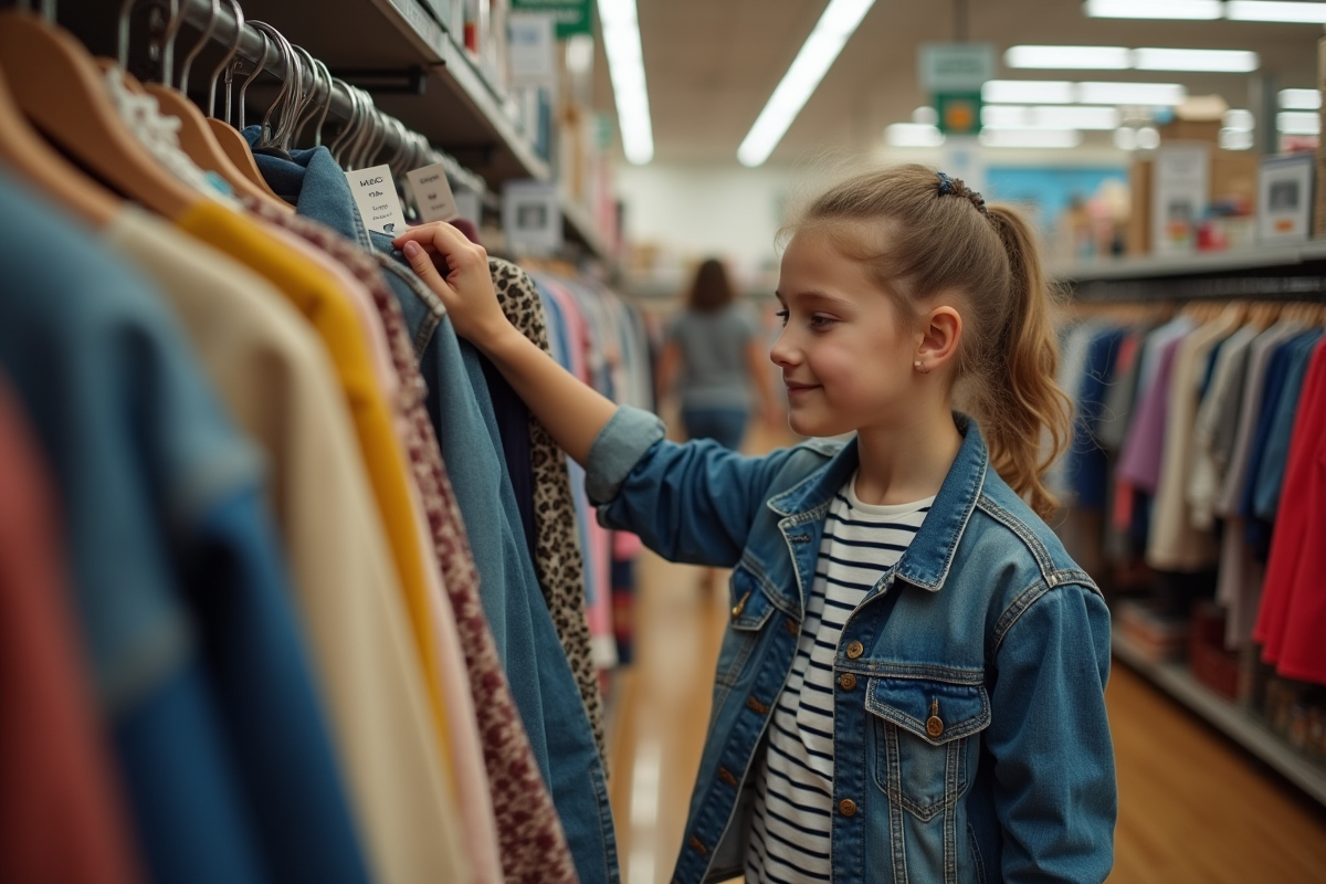 Fille examinant une étiquette de prix dans un magasin de thrift