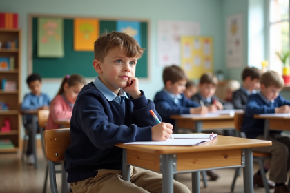 Garçon concentré en classe avec cahier et livres
