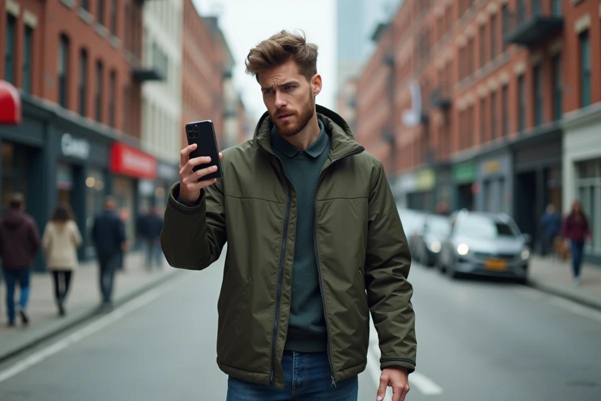 Jeune homme en ville tentant d'appeler un numéro de portable injoignable depuis son smartphone en plein air