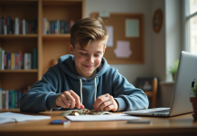 Adolescent comptant des pièces et billets dans sa chambre