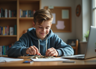 Économiser de l’argent à l’adolescence : astuces et conseils pratiques Adolescent comptant des pièces et billets dans sa chambre