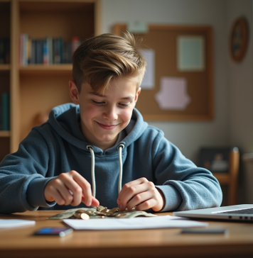 Économiser de l’argent à l’adolescence : astuces et conseils pratiques Adolescent comptant des pièces et billets dans sa chambre
