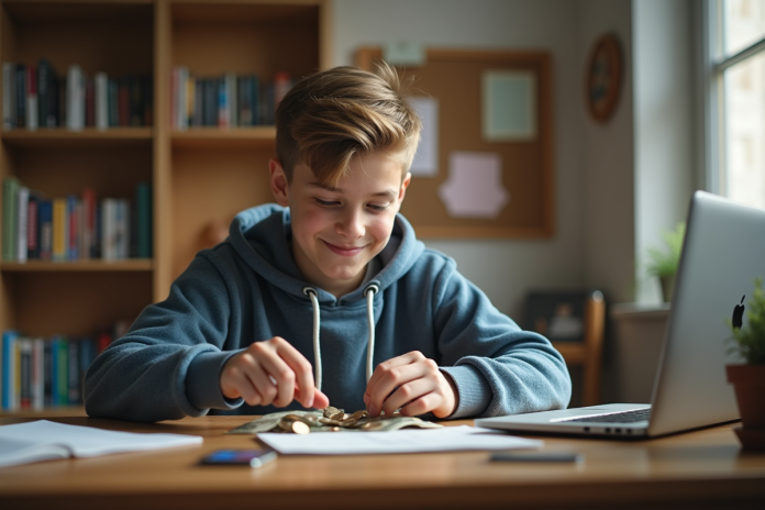 Adolescent comptant des pièces et billets dans sa chambre