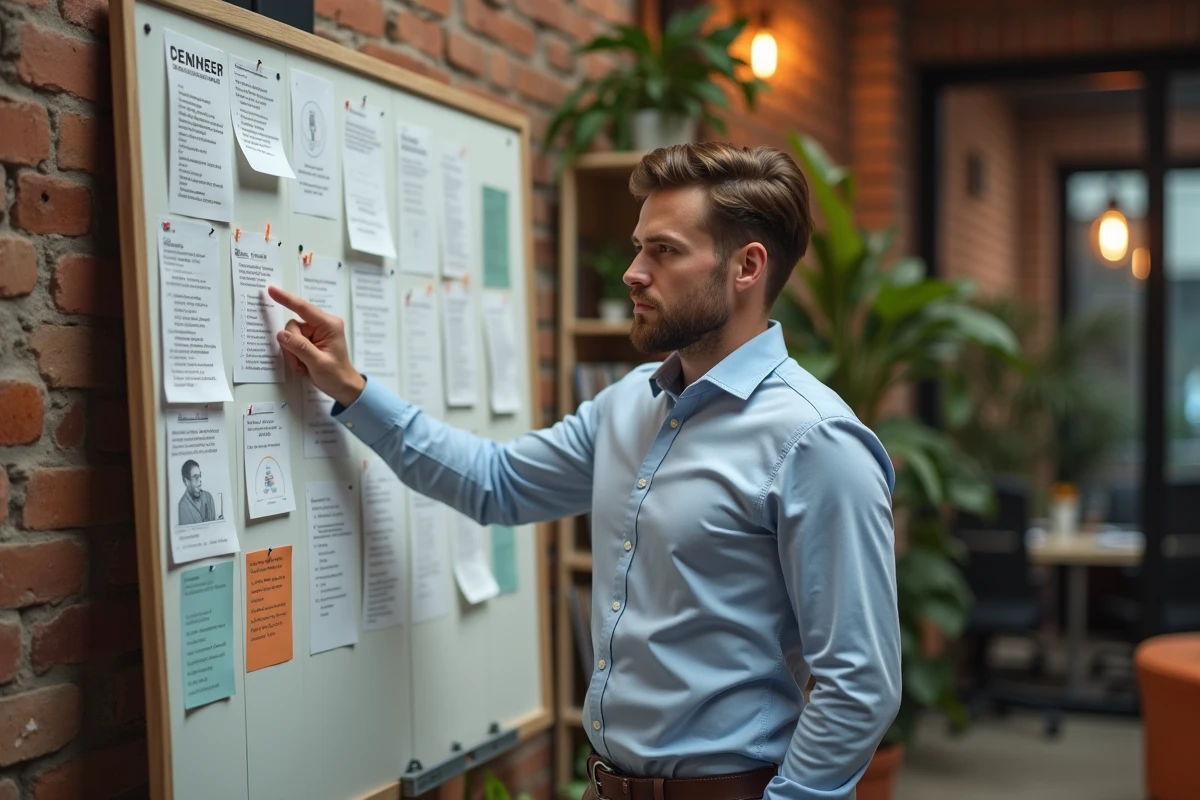 Jeune homme pointant un graphique dans un espace de travail
